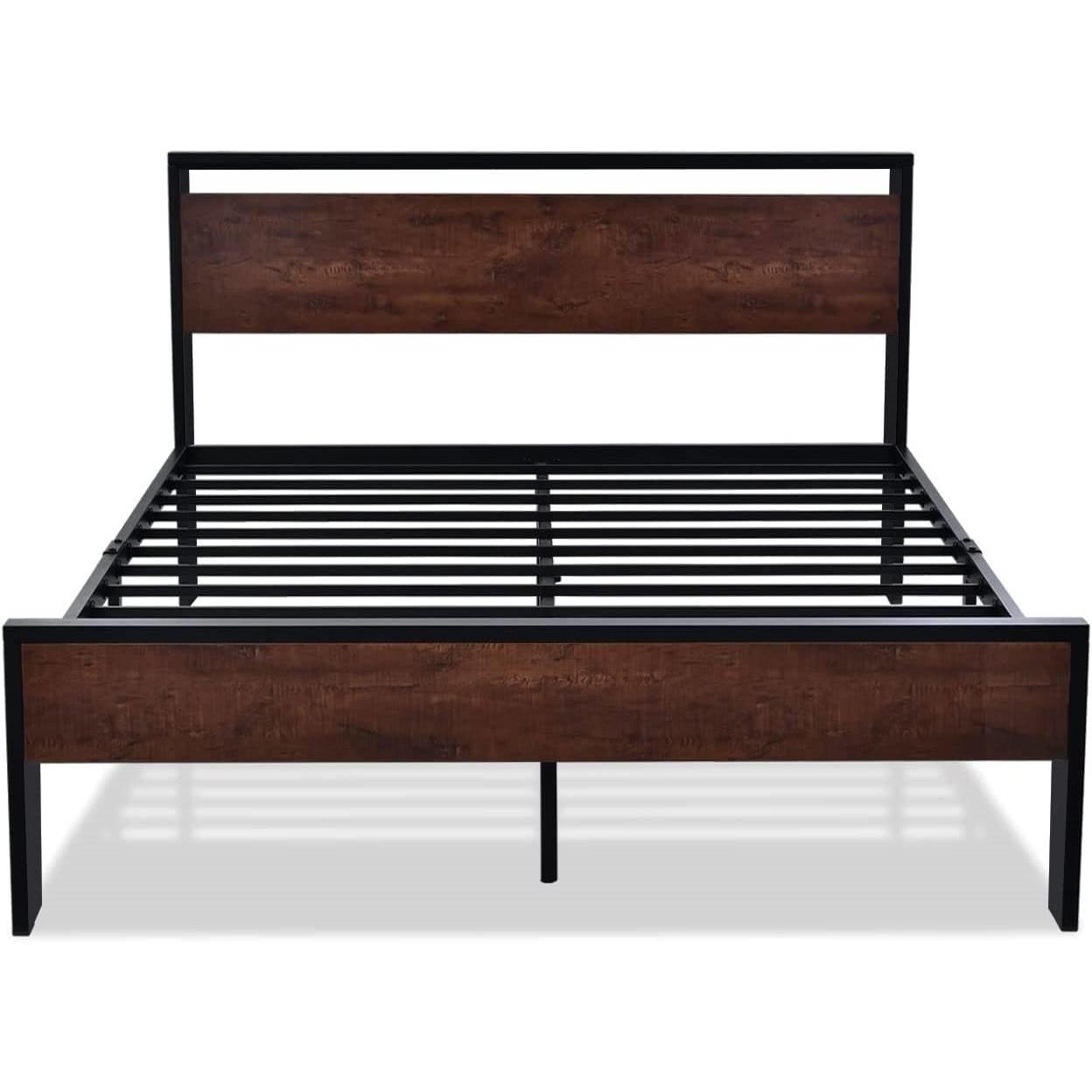 King Metal Platform Bed Frame with Mahogany Wood Panel Headboard Footboard - PRHOMZ