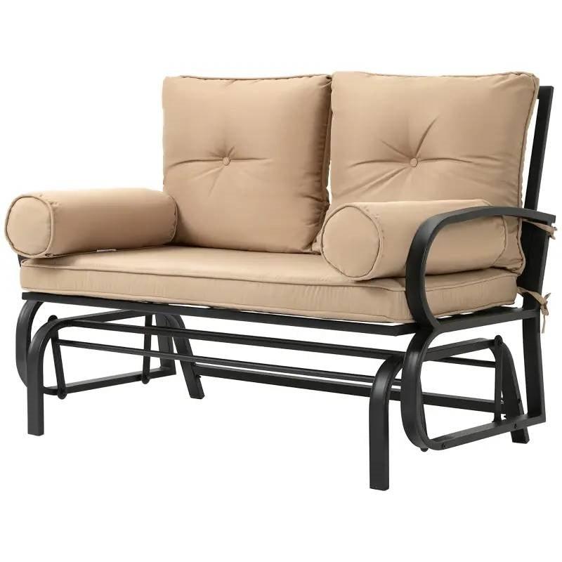 Outdoor Garden Patio Rocking Glider Chair Loveseat with Tan Khaki Cushions - PRHOMZ