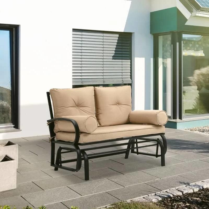 Outdoor Garden Patio Rocking Glider Chair Loveseat with Tan Khaki Cushions - PRHOMZ