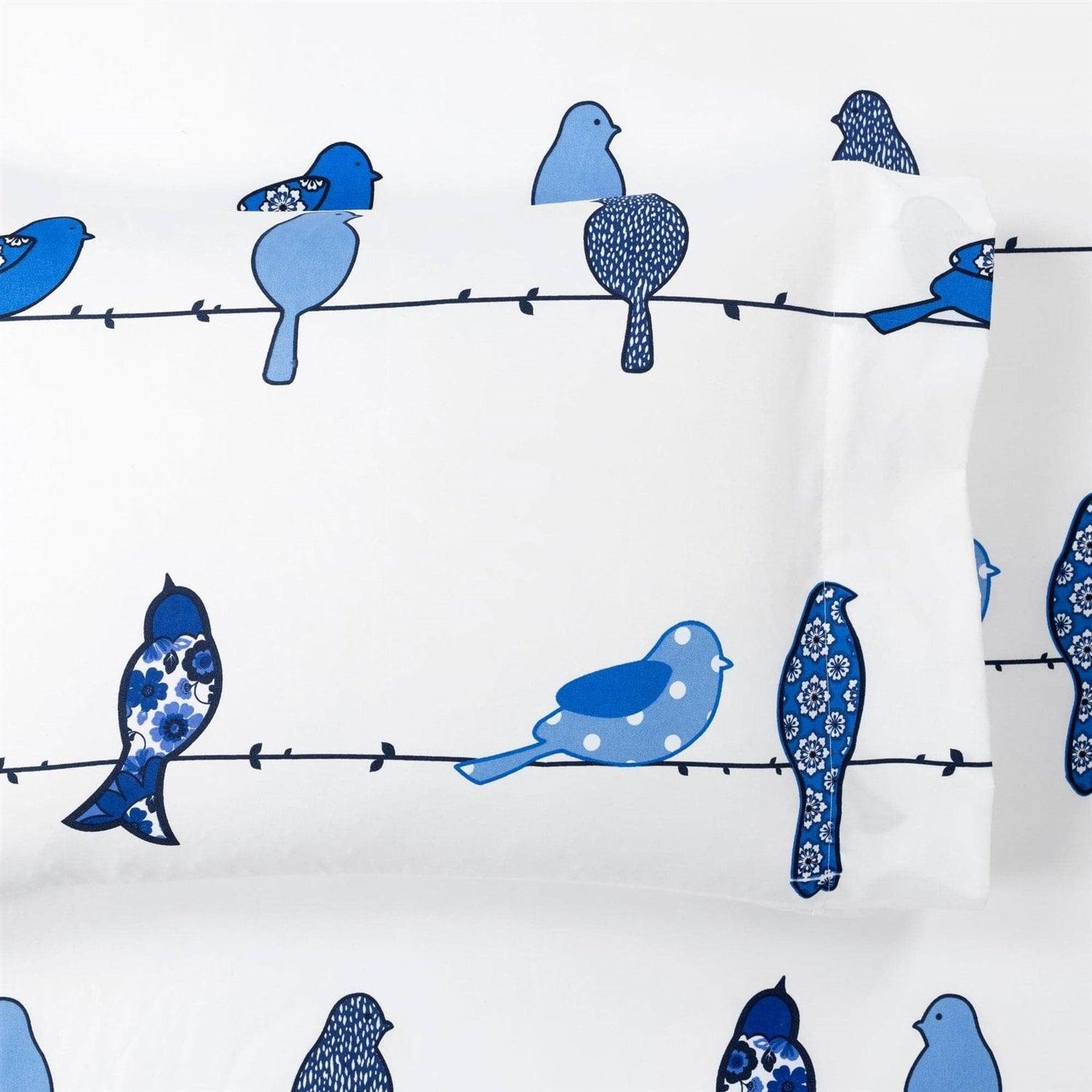 King size Blue White Floral Birds on Wire Soft Polyester 6 Piece Sheet Set - PRHOMZ