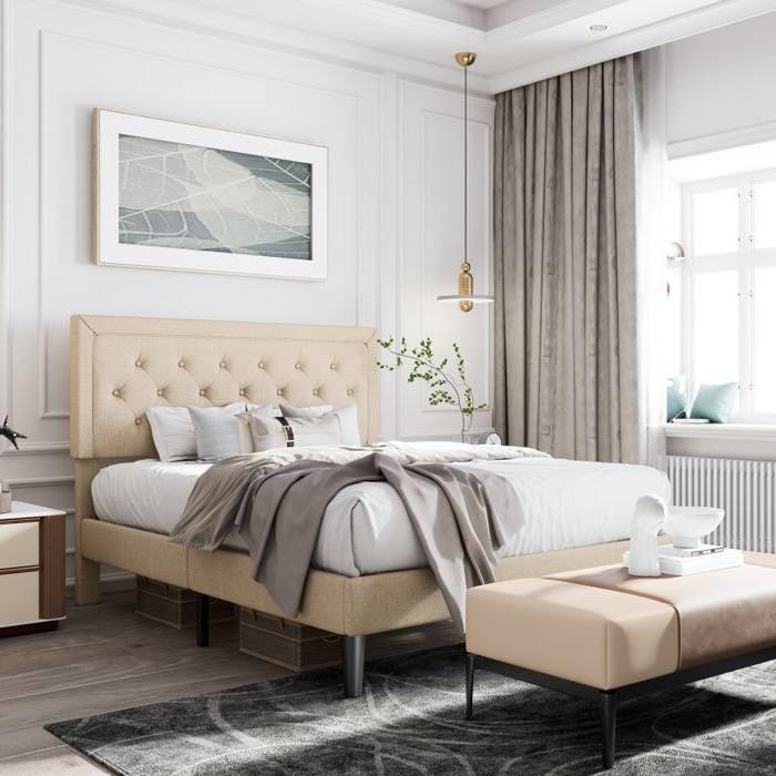 King Adjustable Height Platform Bed Frame with Beige Upholstered Headboard - PRHOMZ