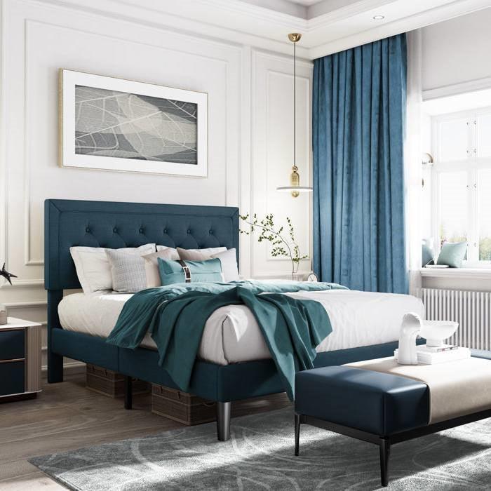 King Adjustable Height Platform Bed Frame with Blue Upholstered Headboard - PRHOMZ