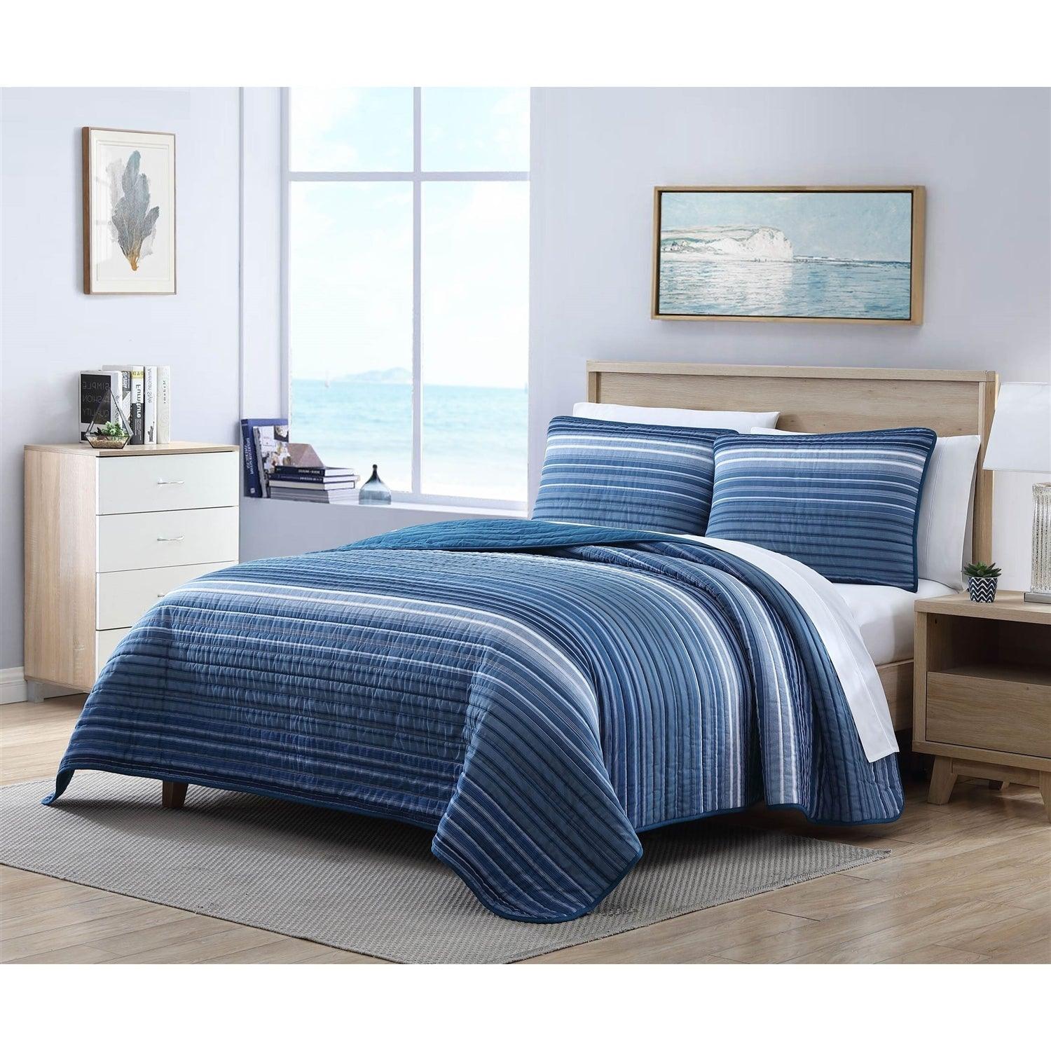 King Size Coastal Blue Stripe Reversible Cotton Quilt Set - PRHOMZ