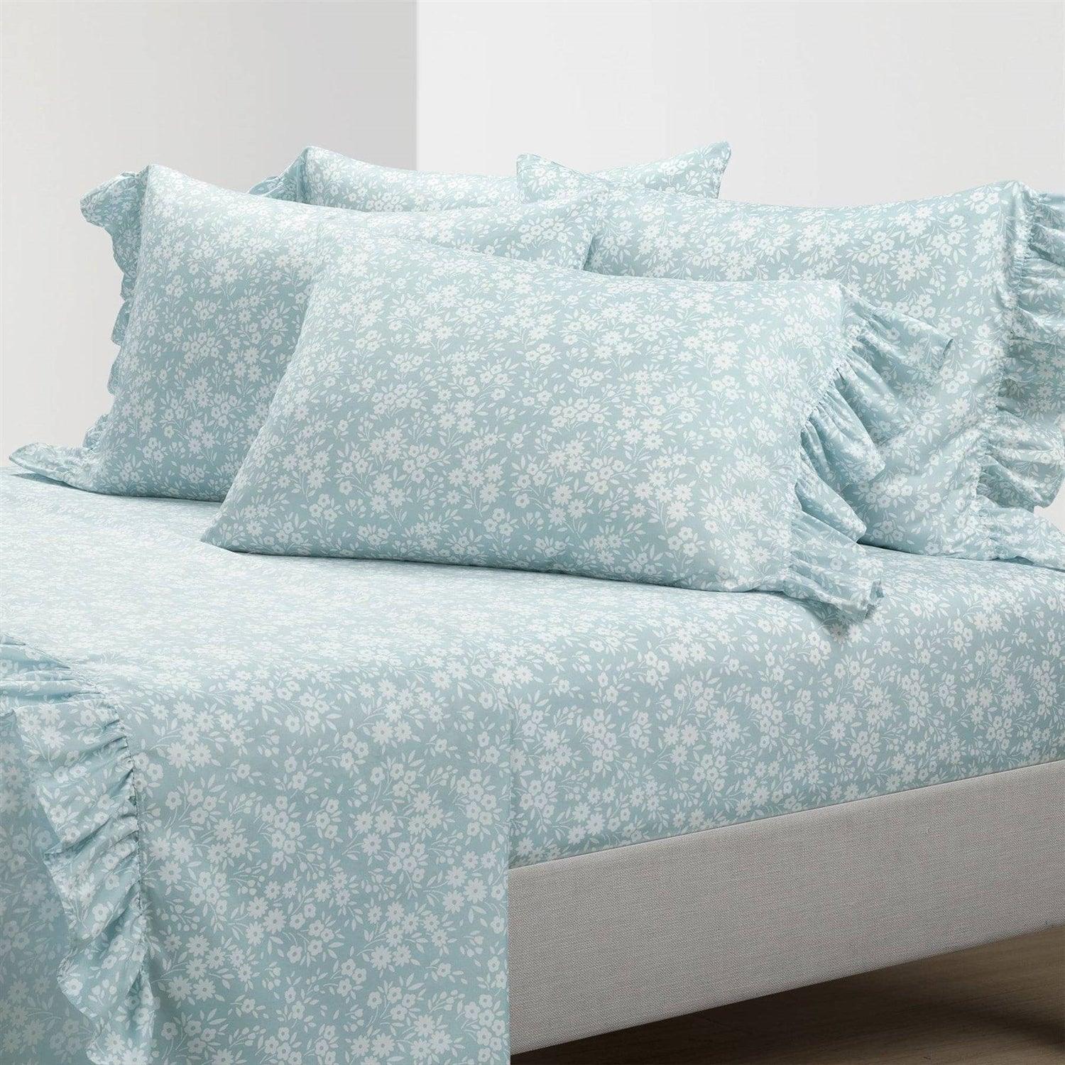 King Size Polyester Blue Ruffle Floral 6 Piece Sheet Set - PRHOMZ