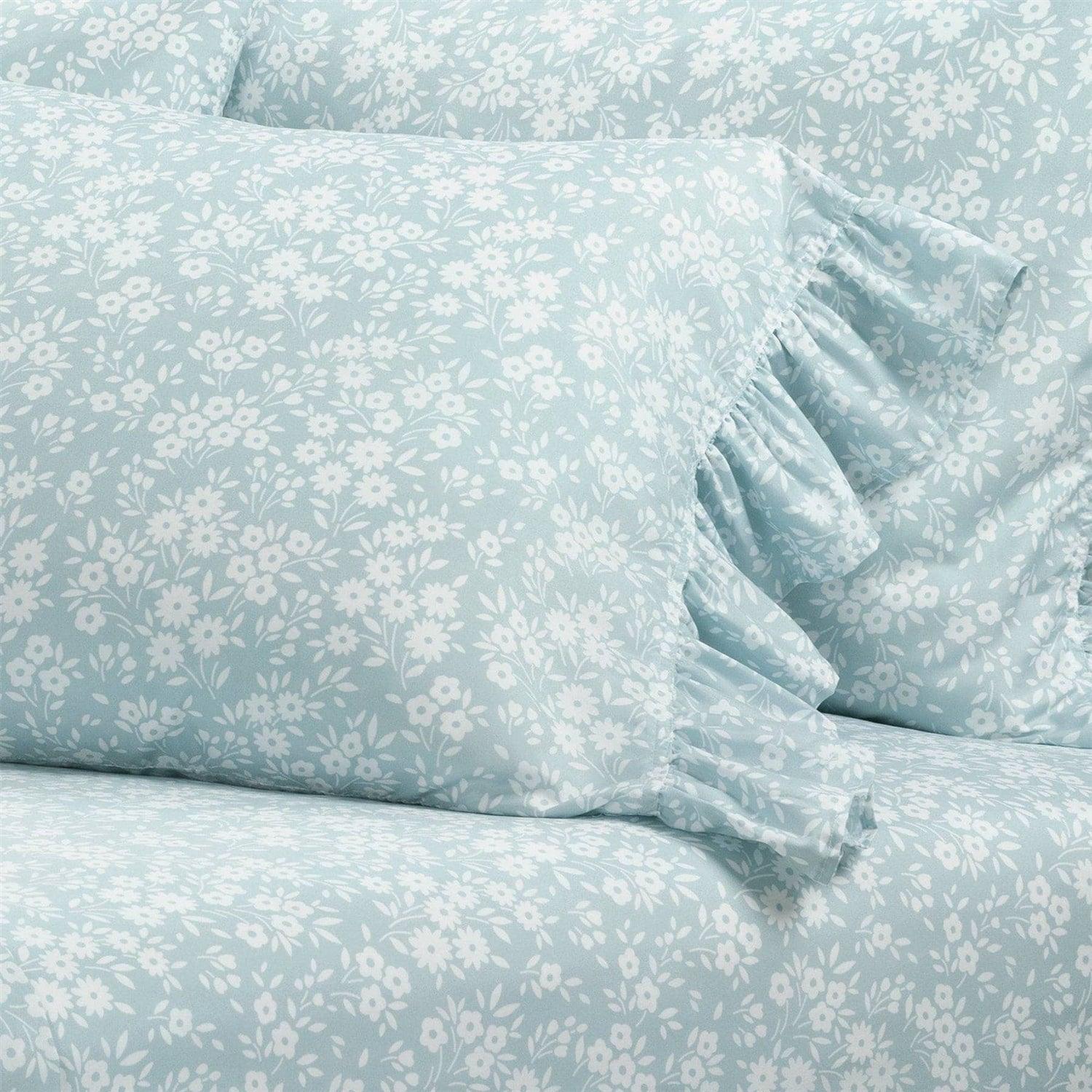 King Size Polyester Blue Ruffle Floral 6 Piece Sheet Set - PRHOMZ