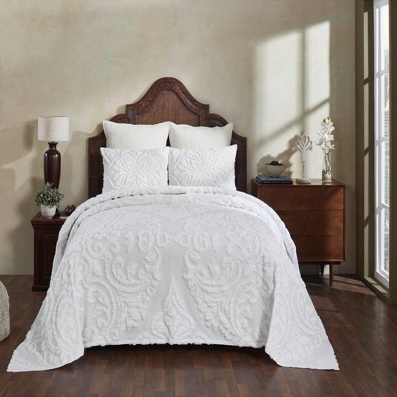 King Size 100-Percent Cotton Chenille 3-Piece Coverlet Bedspread Set in White - PRHOMZ