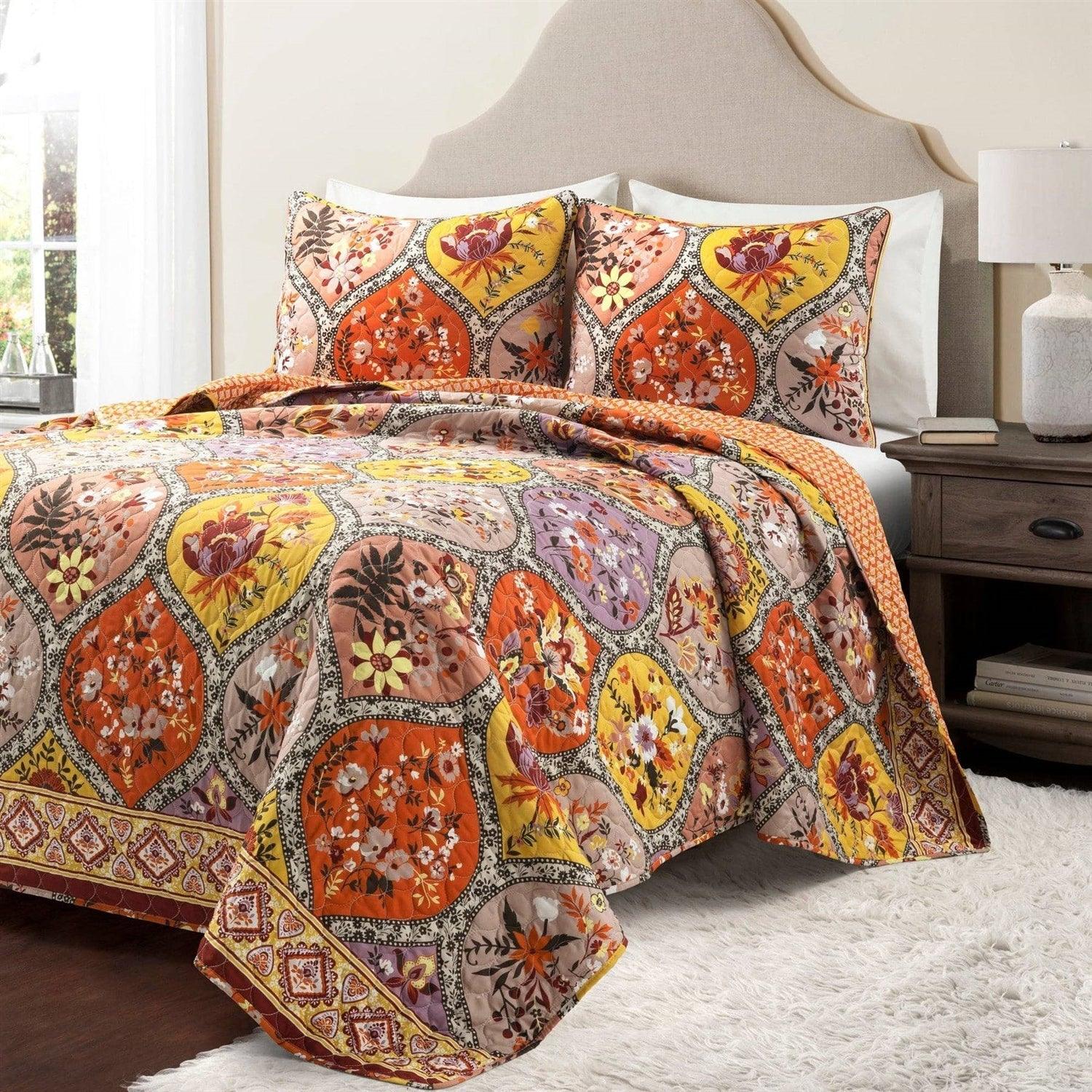 King size Boho Floral Lightweight Cotton Orange Mauve Yellow 3-Piece Quilt Set - PRHOMZ
