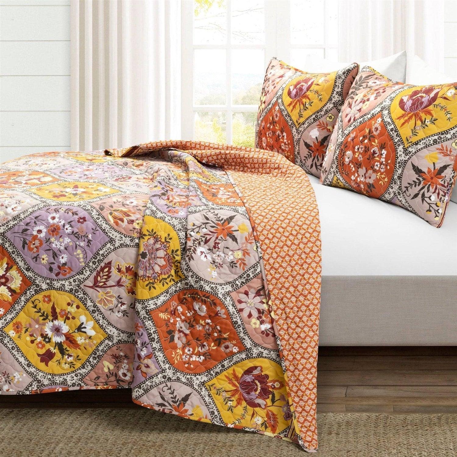 King size Boho Floral Lightweight Cotton Orange Mauve Yellow 3-Piece Quilt Set - PRHOMZ
