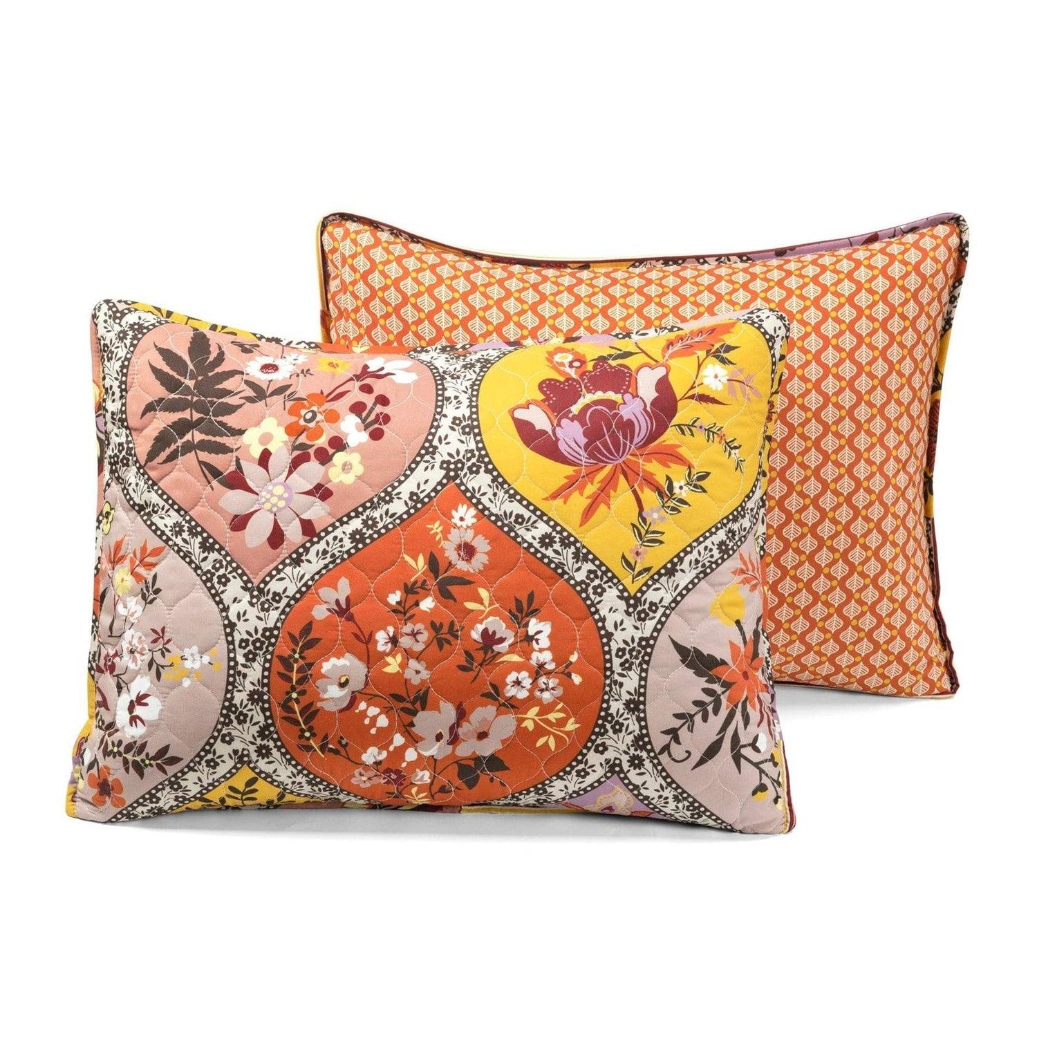 King size Boho Floral Lightweight Cotton Orange Mauve Yellow 3-Piece Quilt Set - PRHOMZ
