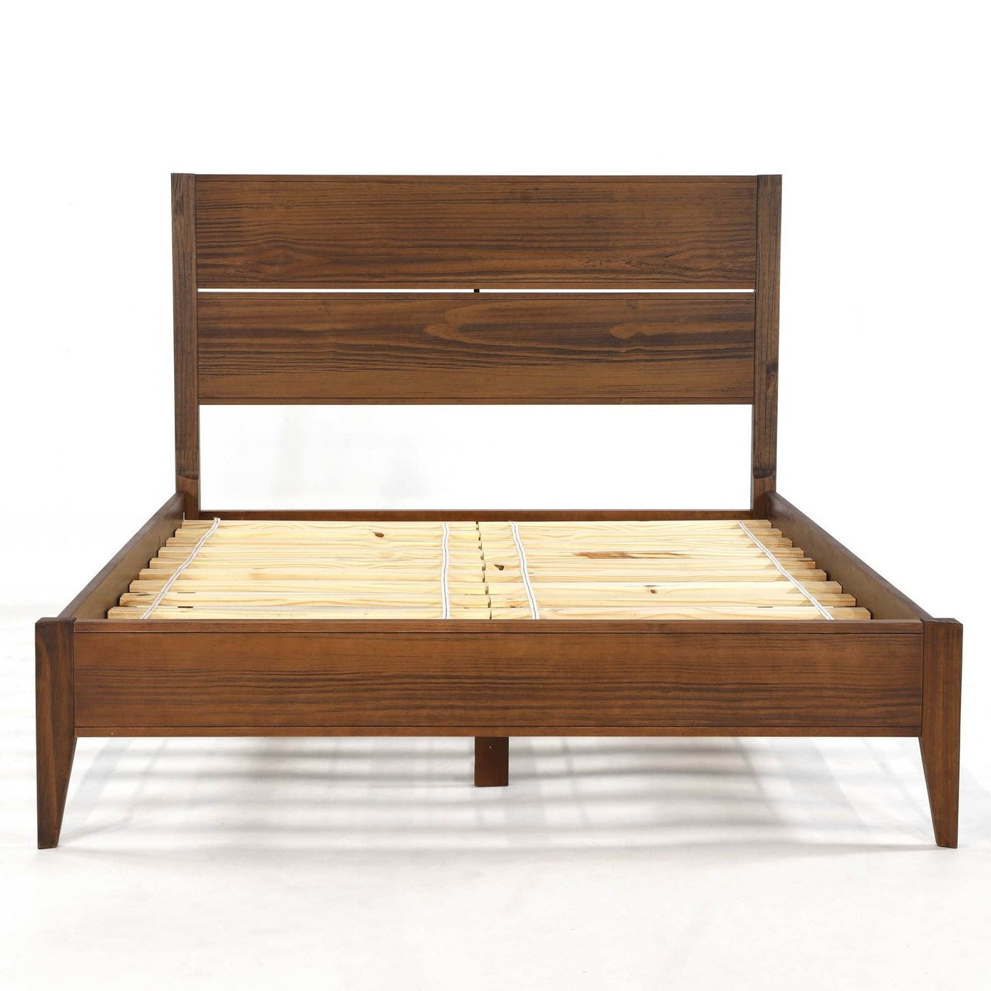 King Size Rustic Walnut Mid Century Slatted Platform Bed-1