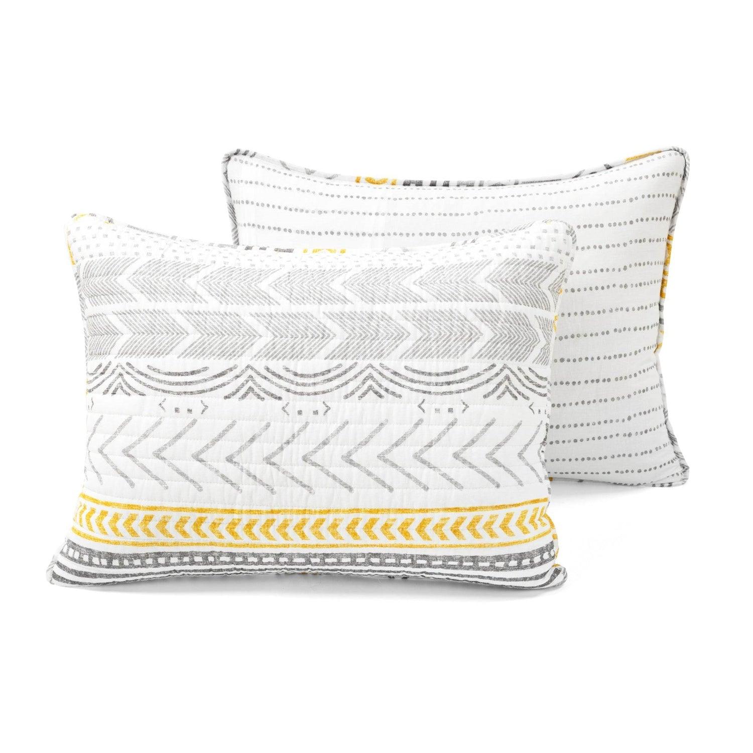 King Scandinavian Grey/Yellow/White Chevron Stripe Reversible Cotton Quilt Set - PRHOMZ