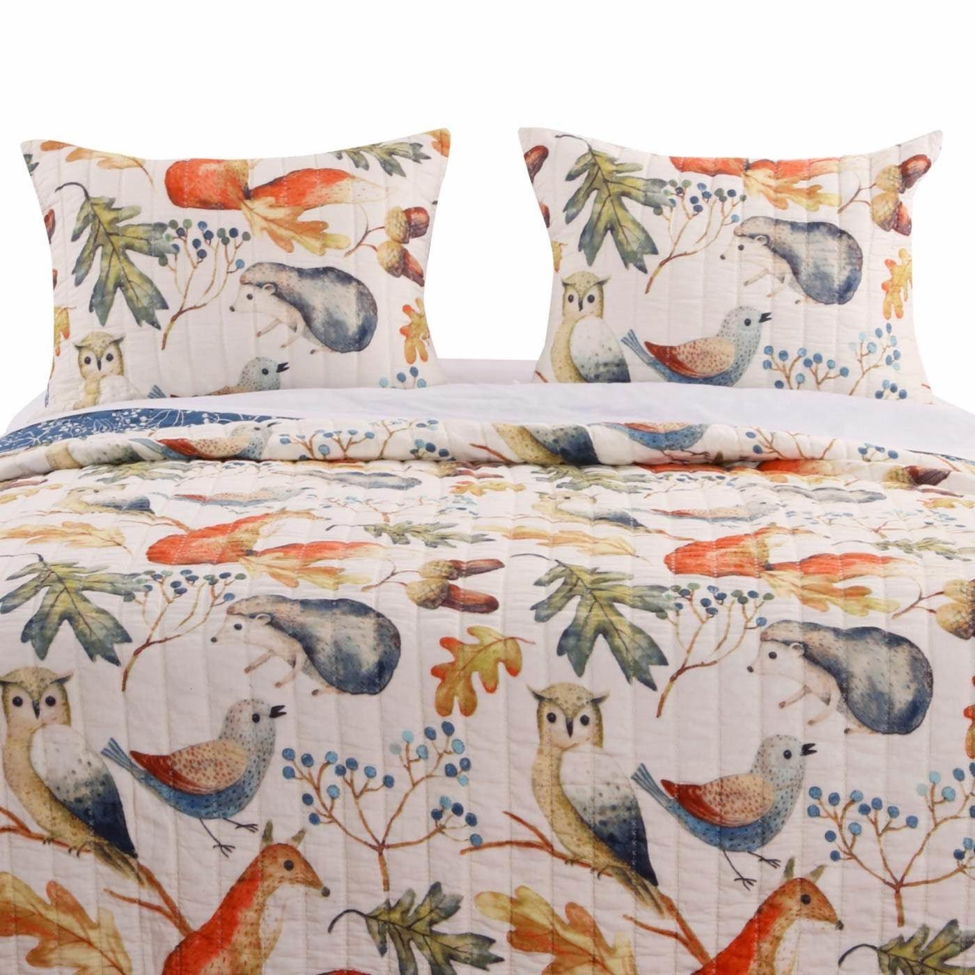 King 3 Piece Blue Beige Birds Animals Floral Microfiber Reversible Quilt Set - PRHOMZ