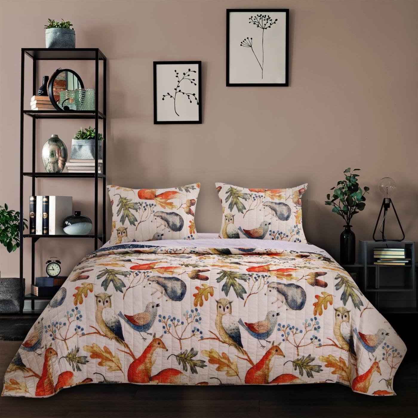 King 3 Piece Blue Beige Birds Animals Floral Microfiber Reversible Quilt Set - PRHOMZ