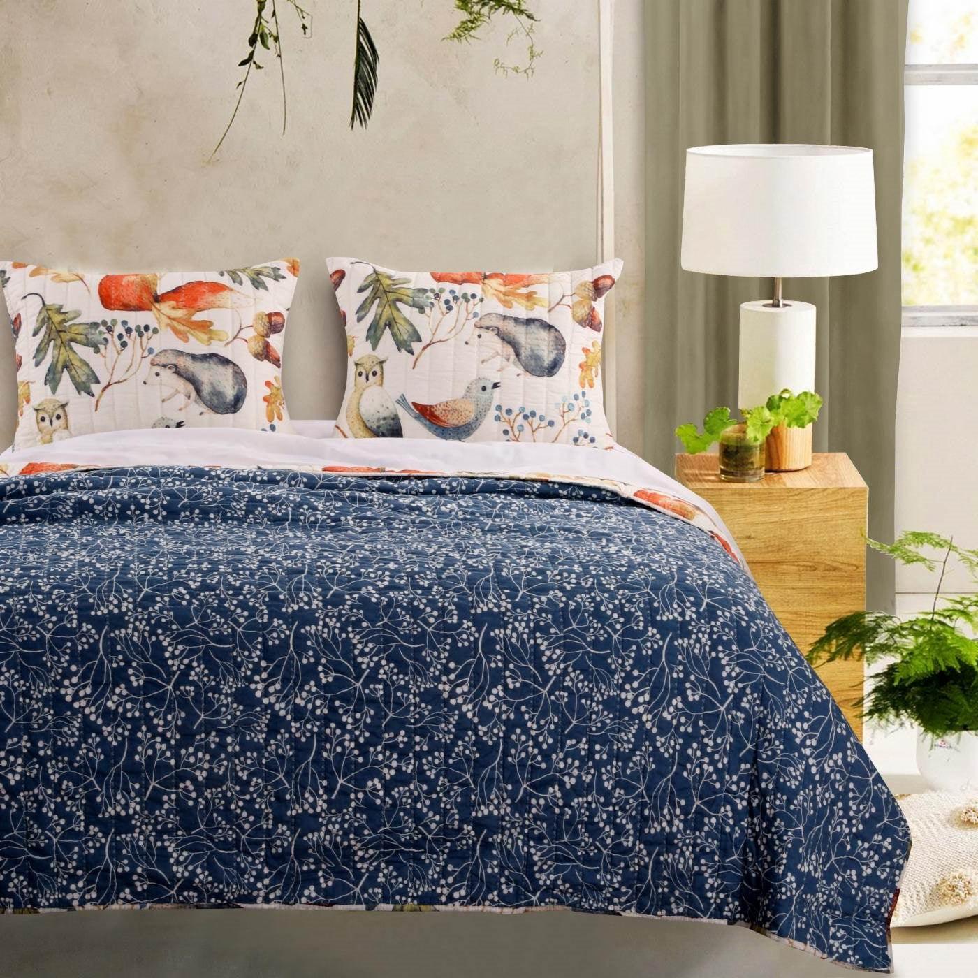 King 3 Piece Blue Beige Birds Animals Floral Microfiber Reversible Quilt Set - PRHOMZ