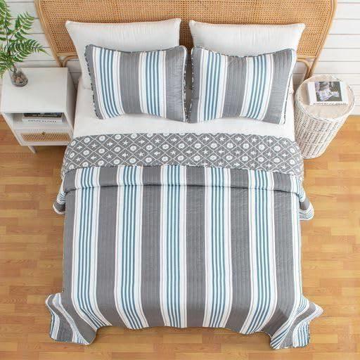 King 3 Piece Coastal Starfish Sand Dollar Grey Blue White Nautical Quilt Set - PRHOMZ