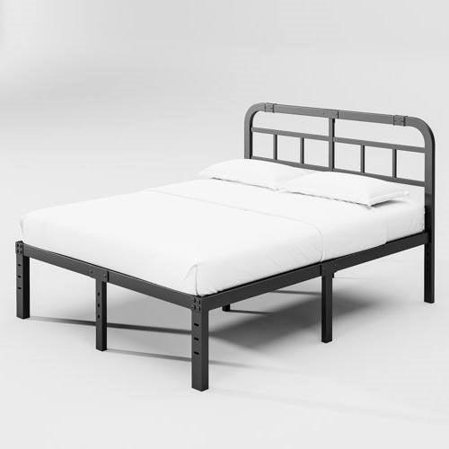 King Size Heavy Duty Black Metal Platform Bed Frame with Headboard - PRHOMZ