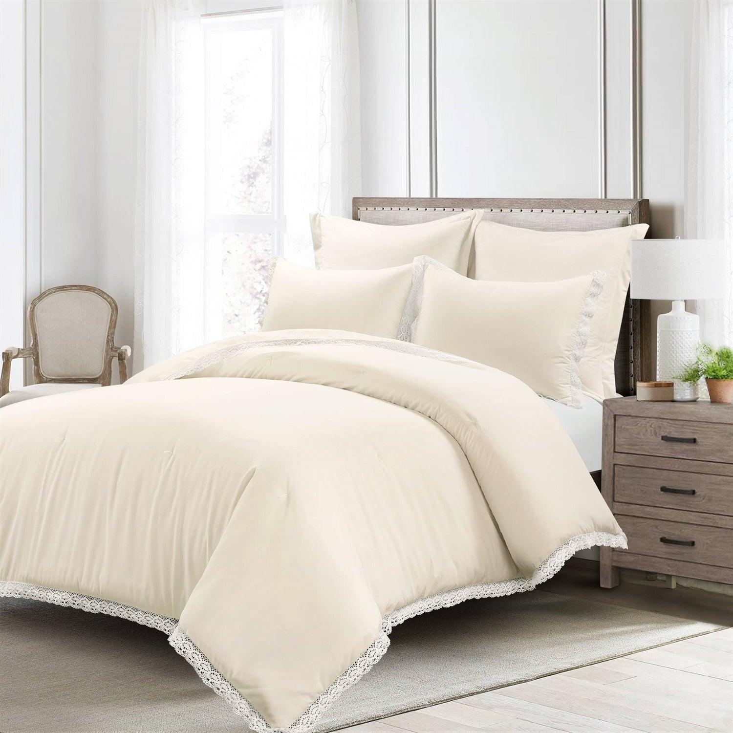 King French Country Ivory 5-Piece Lightweight Comforter Set with Lace Trim - PRHOMZ