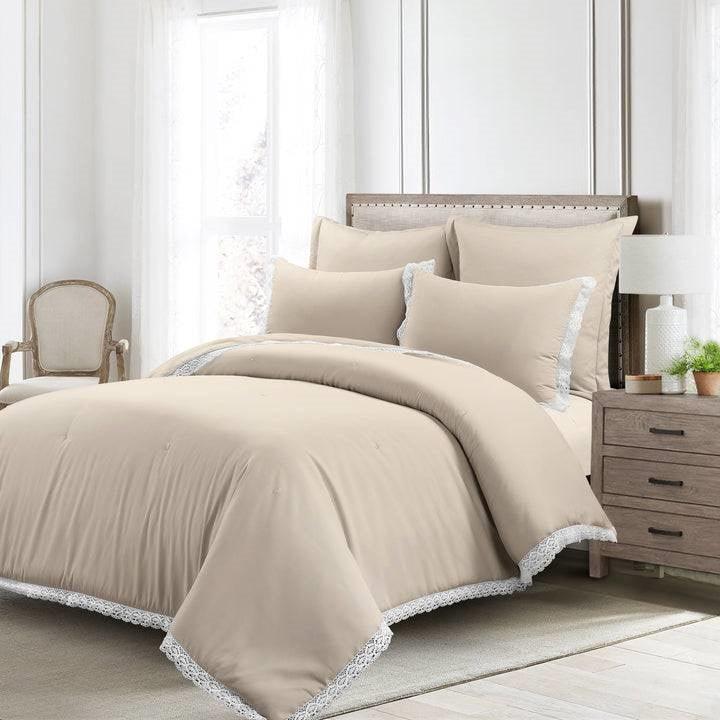 King French Country Beige Tan 5-Piece Lightweight Comforter Set with Lace Trim - PRHOMZ