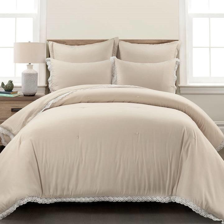 King French Country Beige Tan 5-Piece Lightweight Comforter Set with Lace Trim - PRHOMZ