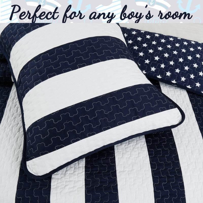 King 3 Piece Reversible Navy White Stars Stripes 100-Percent Cotton Quilt Set - PRHOMZ