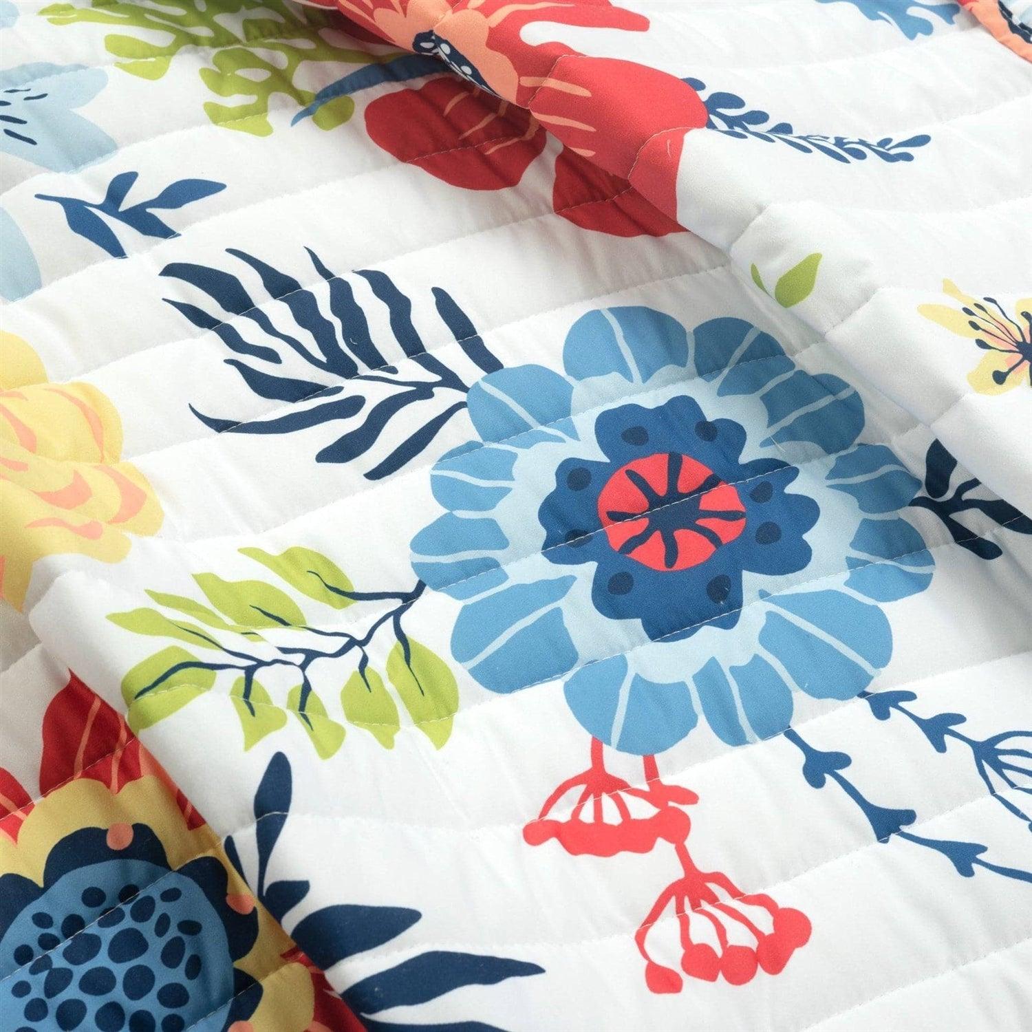 King size Lightweight Floral Navy Blue Coral White 3-Piece Polyester Quilt Set - PRHOMZ
