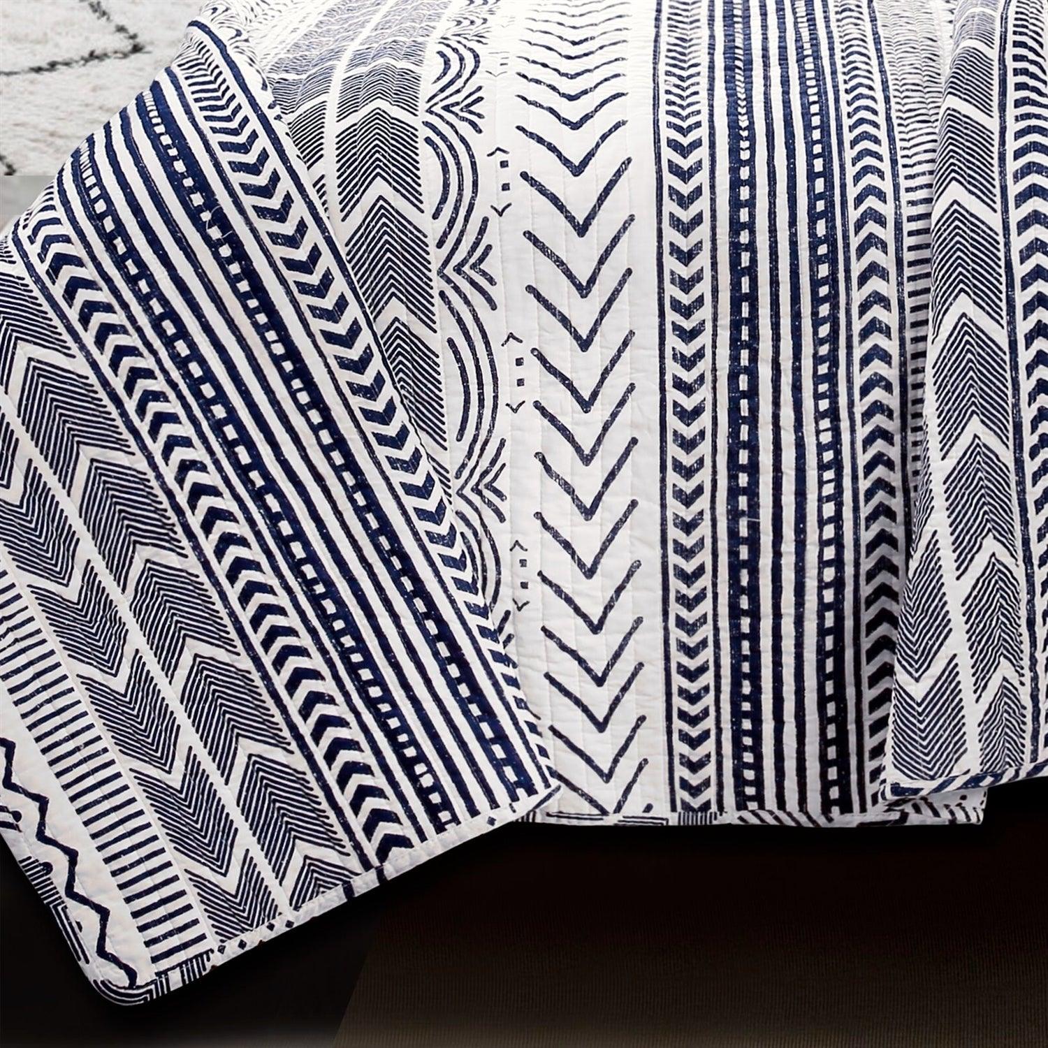 3 Piece Scandinavian Blue White Reversible Cotton Set in King - PRHOMZ