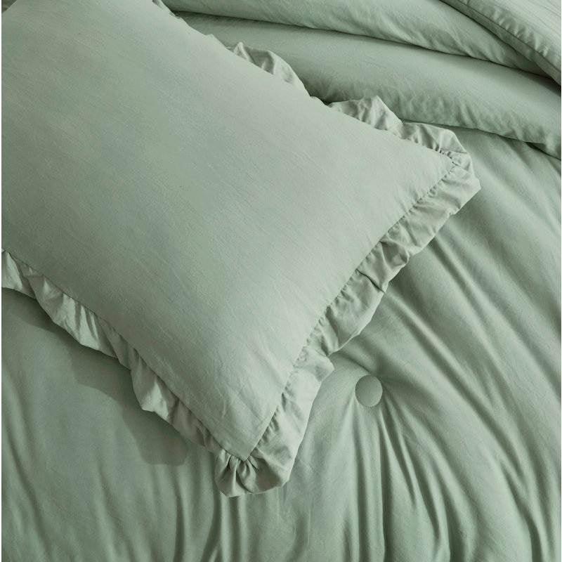Oversized King Sage Microfiber 3-Piece Comforter Set with Ruffled Edge Trim - PRHOMZ