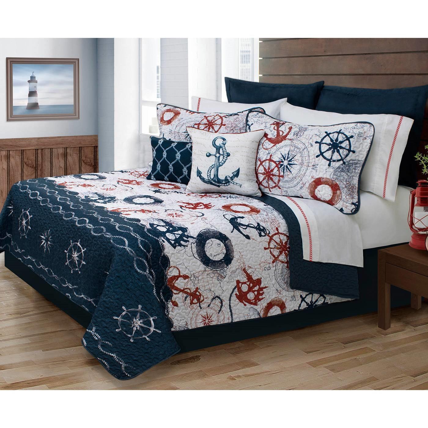 King Size Modern Coastal Anchor Polyester Reversible Quilt Set - PRHOMZ