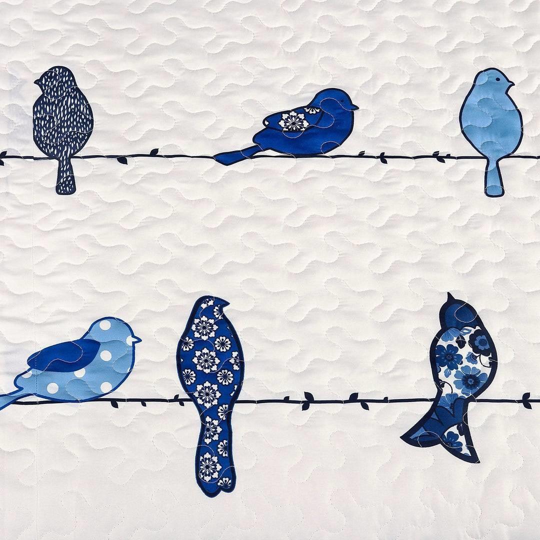 King size Blue White Navy Floral Birds On Wire Lightweight 7 Piece Quilt Set - PRHOMZ
