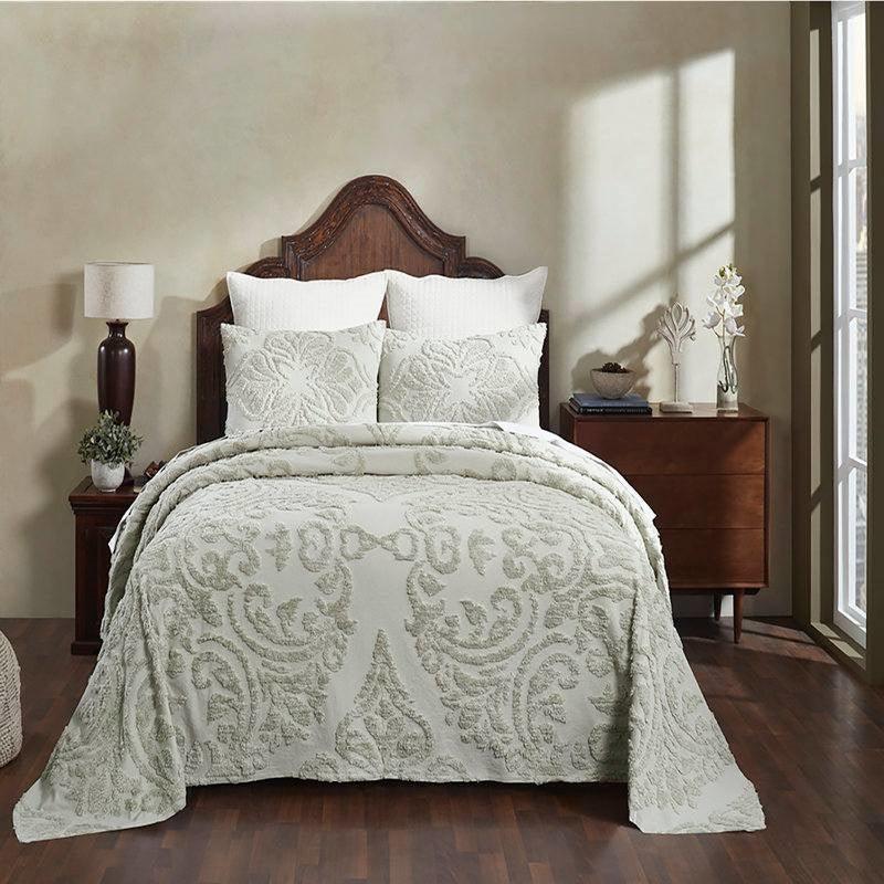 King Size 100-Percent Cotton Chenille 3-Piece Coverlet Bedspread Set in Sage - PRHOMZ