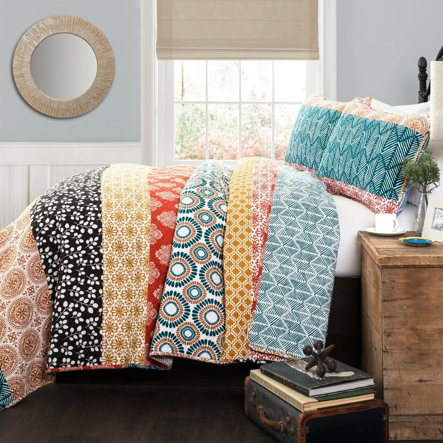King size Cotton 3 Piece Reversible Teal Orange Bohemian Stripe Quilt Set - PRHOMZ