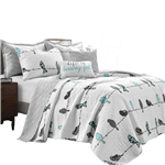 King Size Blue Grey Birds On Wire Lightweight 7 PCS Quilt Set - PRHOMZ