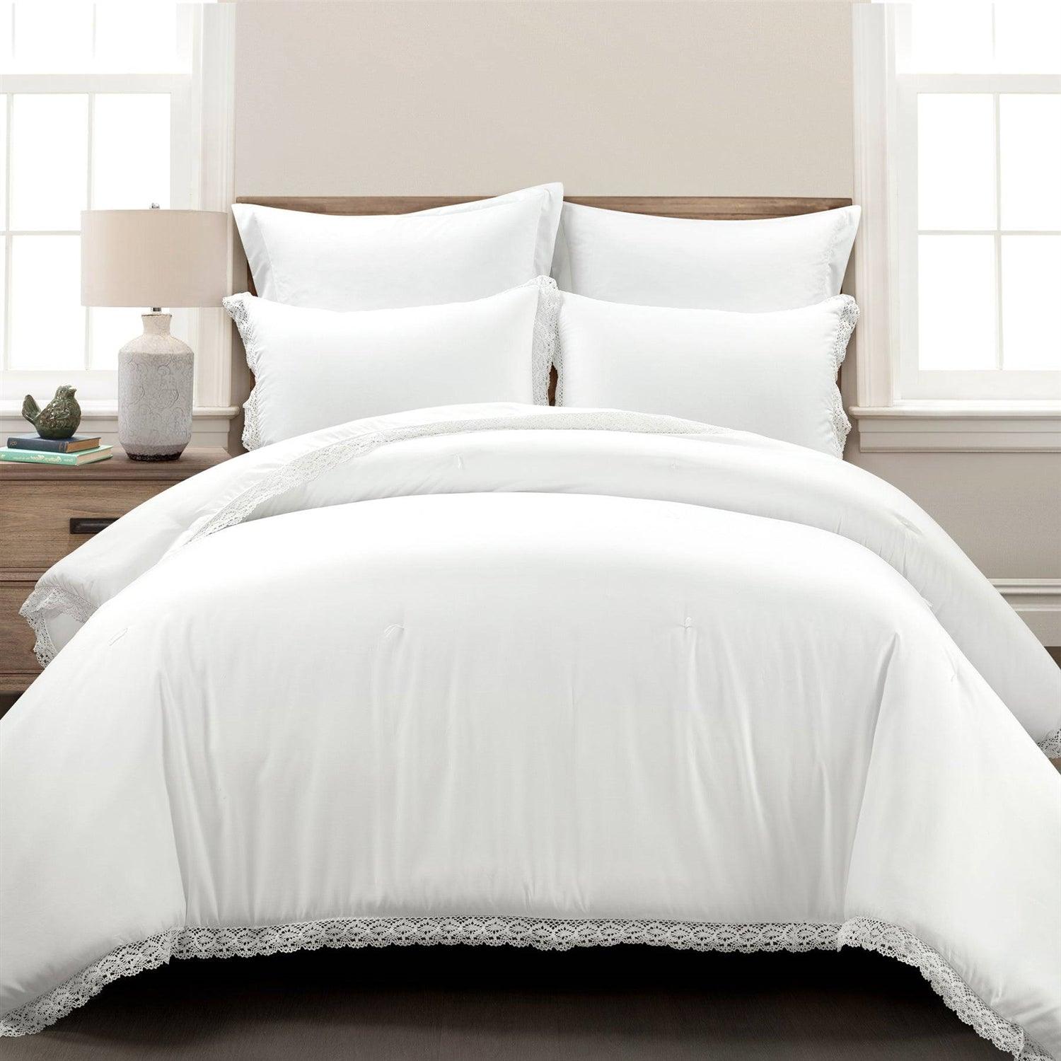 King size White 5-Piece Lightweight Polyester Comforter Set with Lace Trim - PRHOMZ