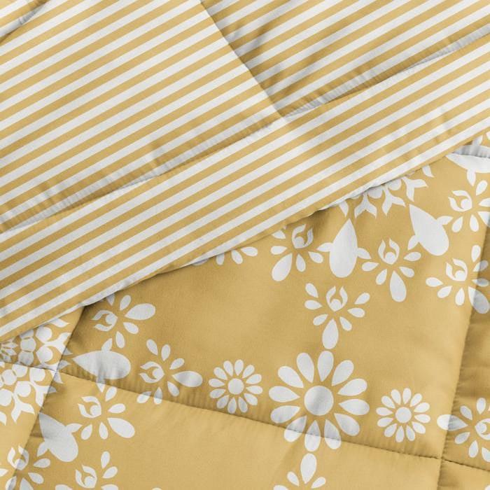King Size 3 Piece Yellow Reversible Daisy Medallion Stripped Comforter Set - PRHOMZ