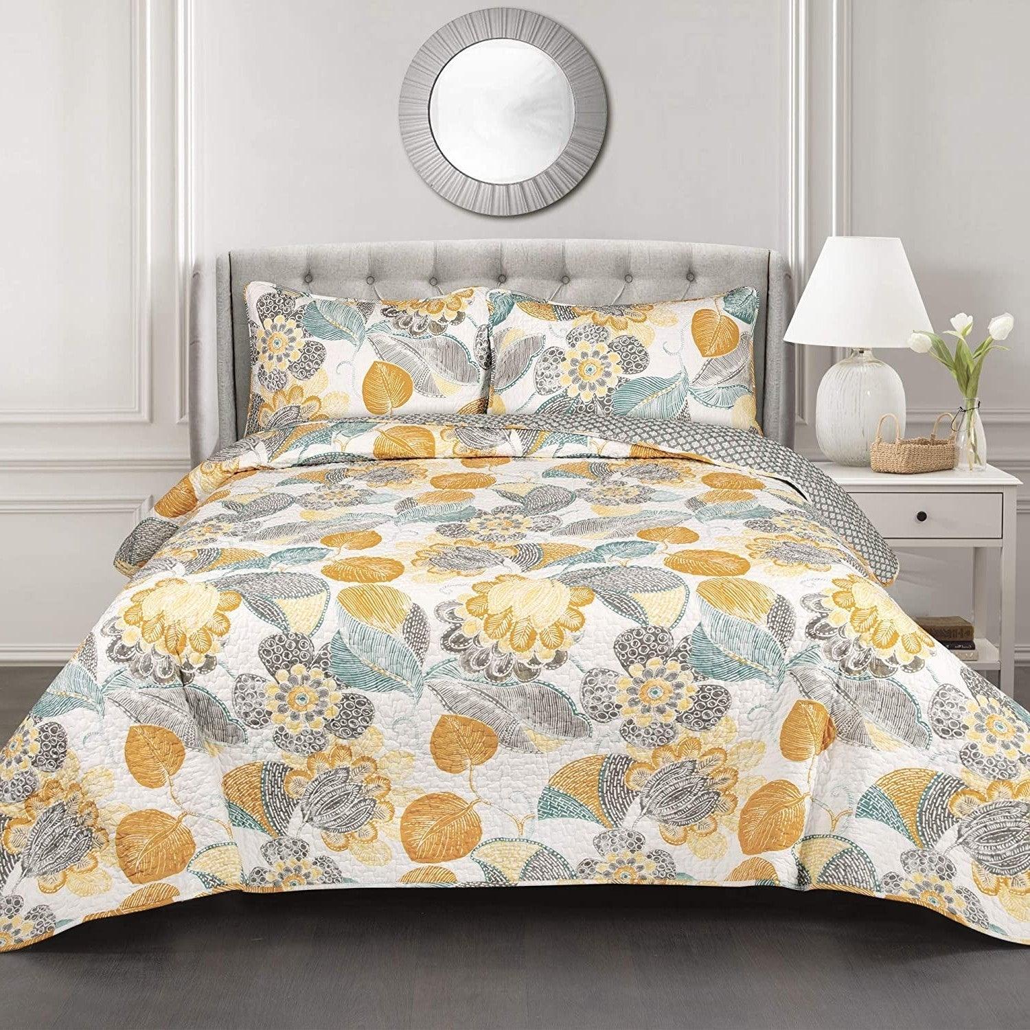 3 Piece Reversible Yellow Grey Floral Cotton Quilt Set in King Size - PRHOMZ