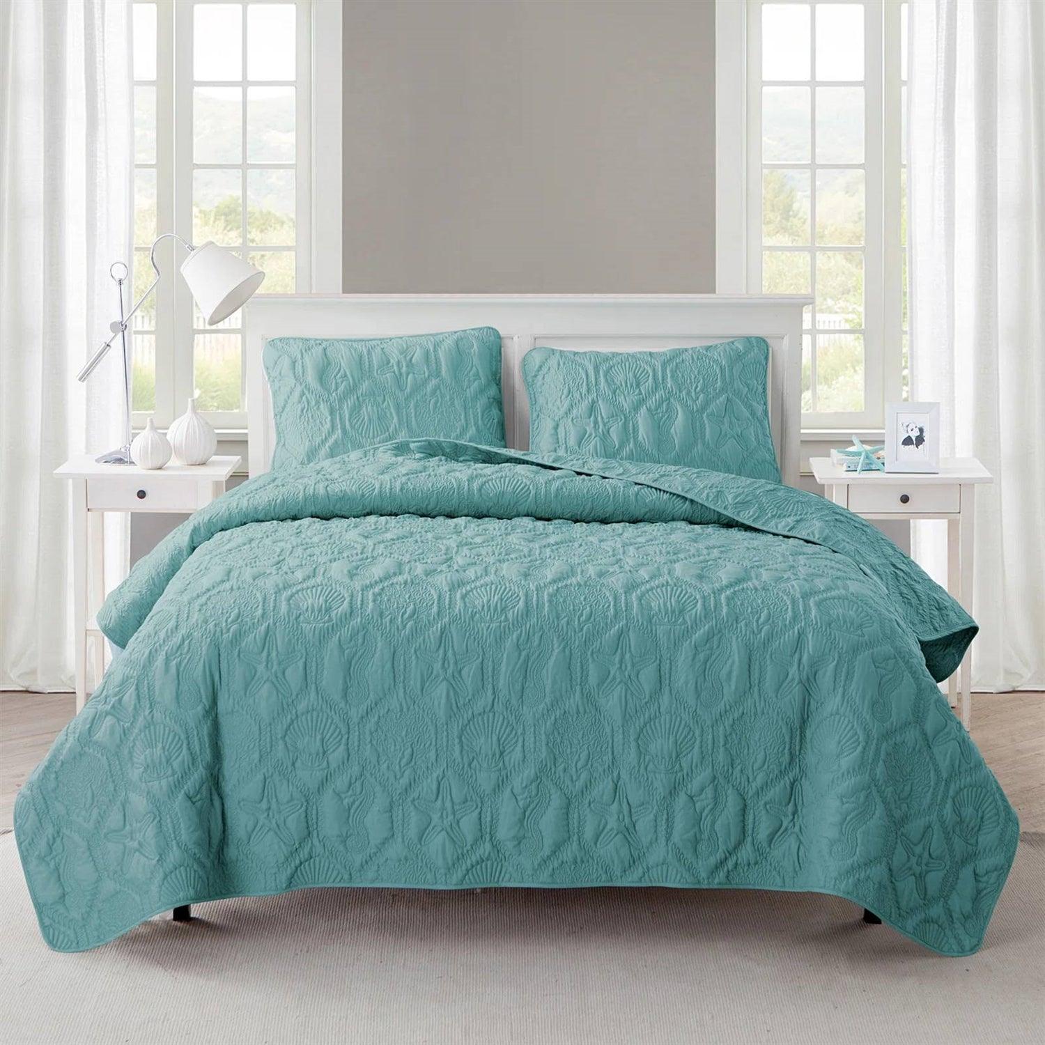 King Coastal Beach Starfish Seashell Seahorse Aqua Blue Teal 3-Piece Quilt Set - PRHOMZ