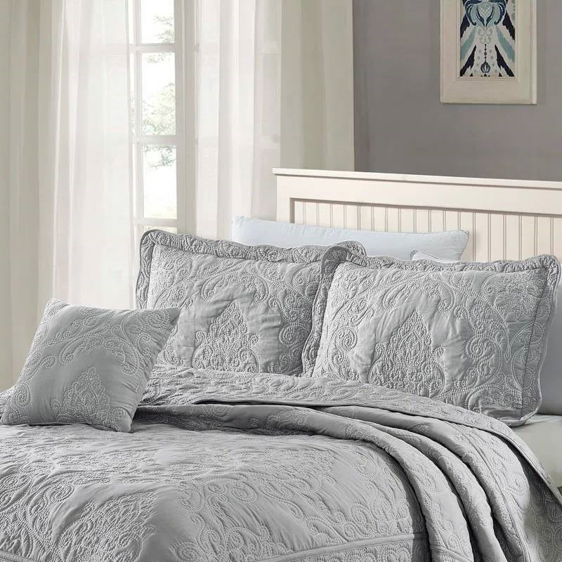 King size Ash Grey Damask Embroidered 4 Piece Oversized Bedspread Set-1