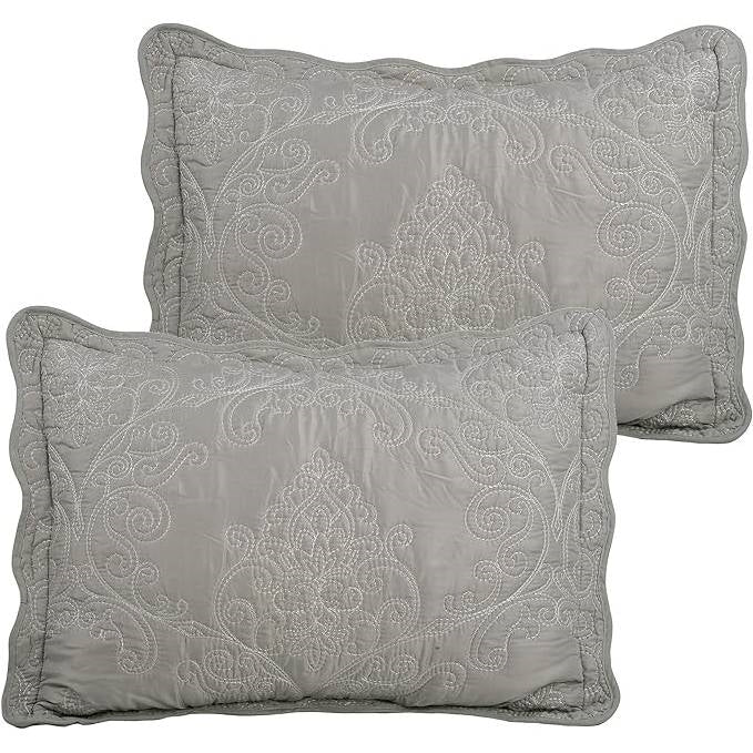 King size Ash Grey Damask Embroidered 4 Piece Oversized Bedspread Set-2