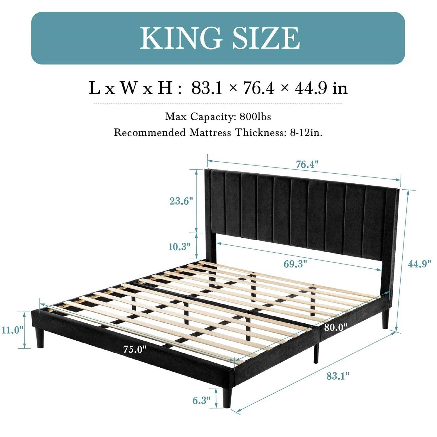 King size Black Velvet Upholstered Platform Bed Frame with Headboard - PRHOMZ