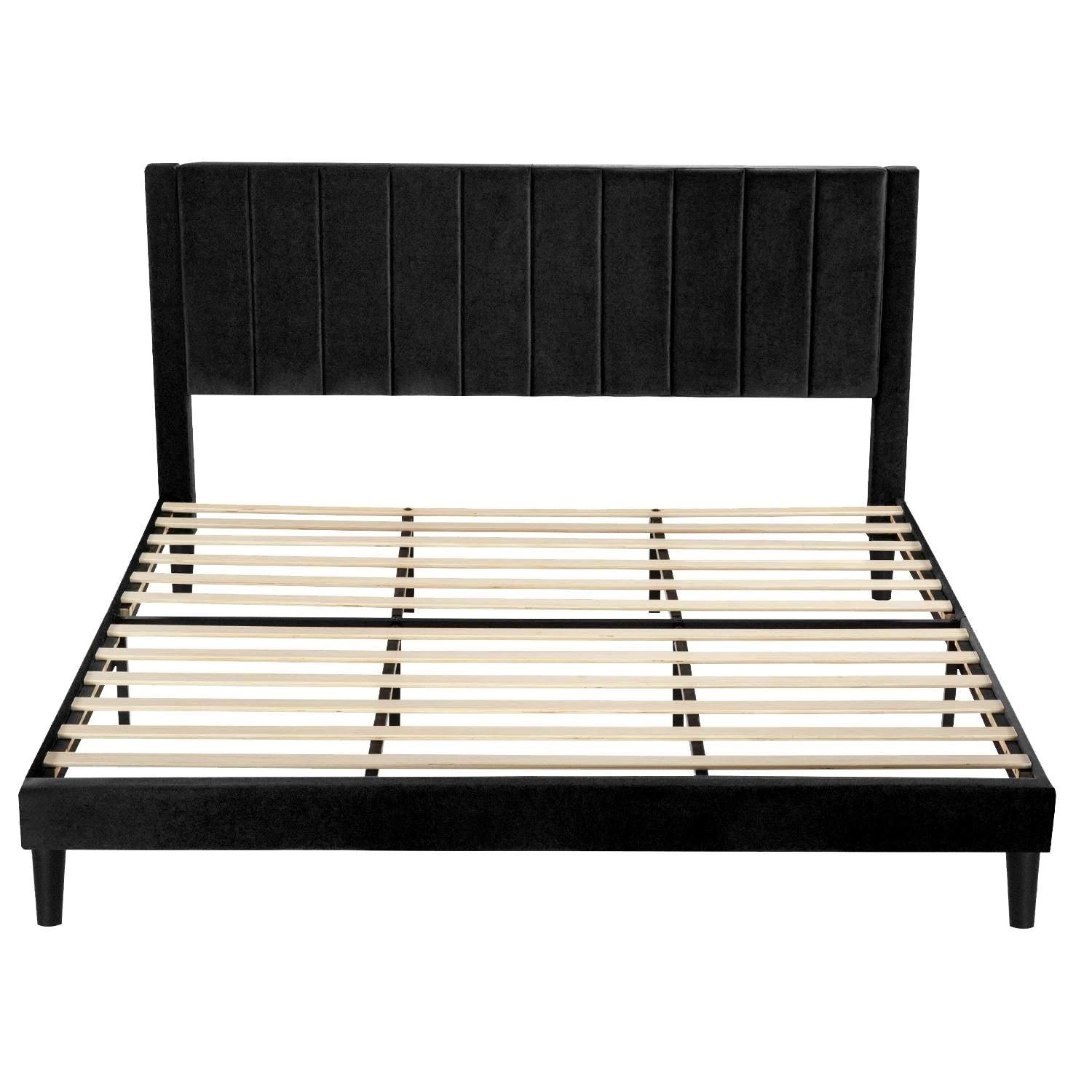 King size Modern Black Velvet Upholstered Platform Bed with Headboard - PRHOMZ