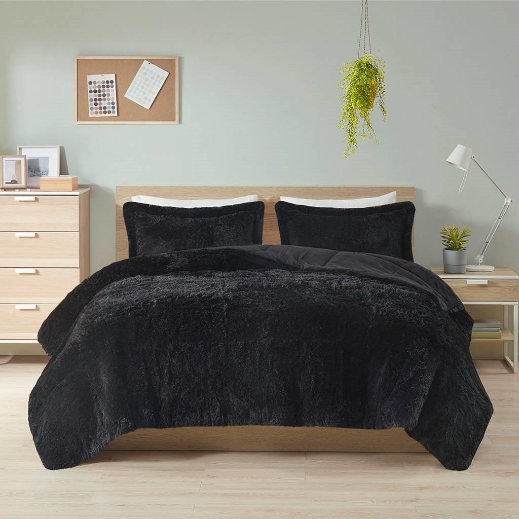 King/CAL King Black Soft Sherpa Faux Fur 3-Piece Comforter Set with Pillow Shams - PRHOMZ