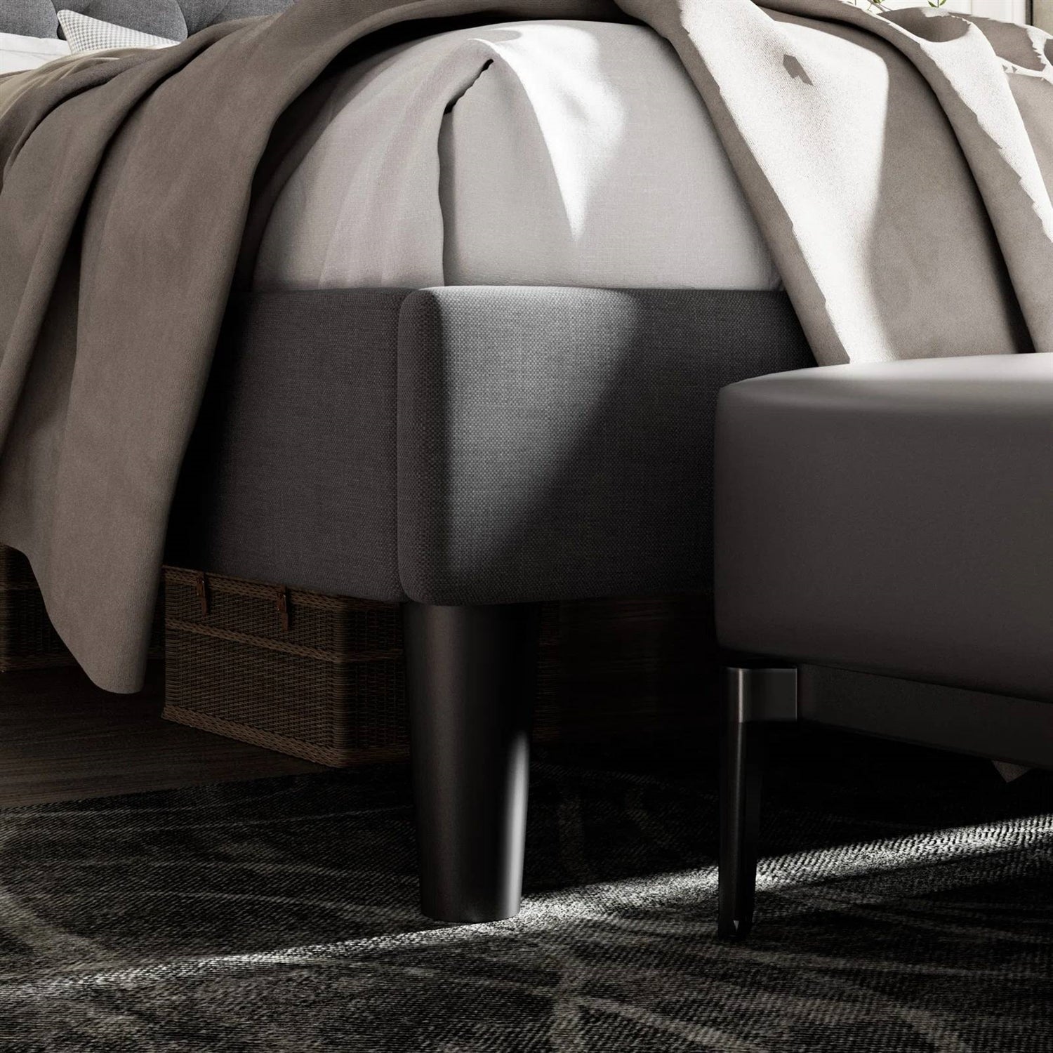 King Black Linen Upholstered Platform Bed Frame with Button-Tufted Headboard-3