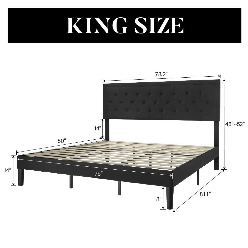 King Black Linen Upholstered Platform Bed Frame with Button-Tufted Headboard-4