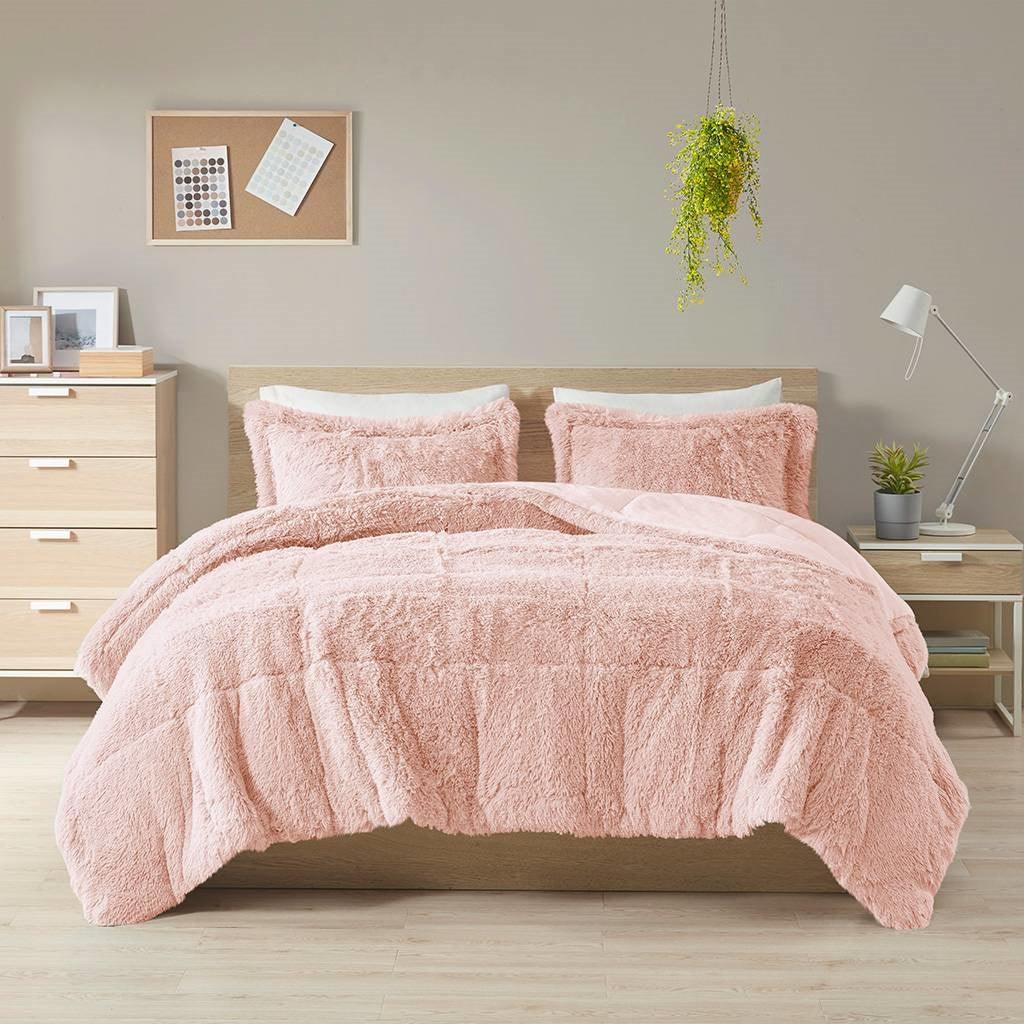 King/CAL King Pink Blush Soft Sherpa Faux Fur 3-Piece Comforter Set with Shams - PRHOMZ