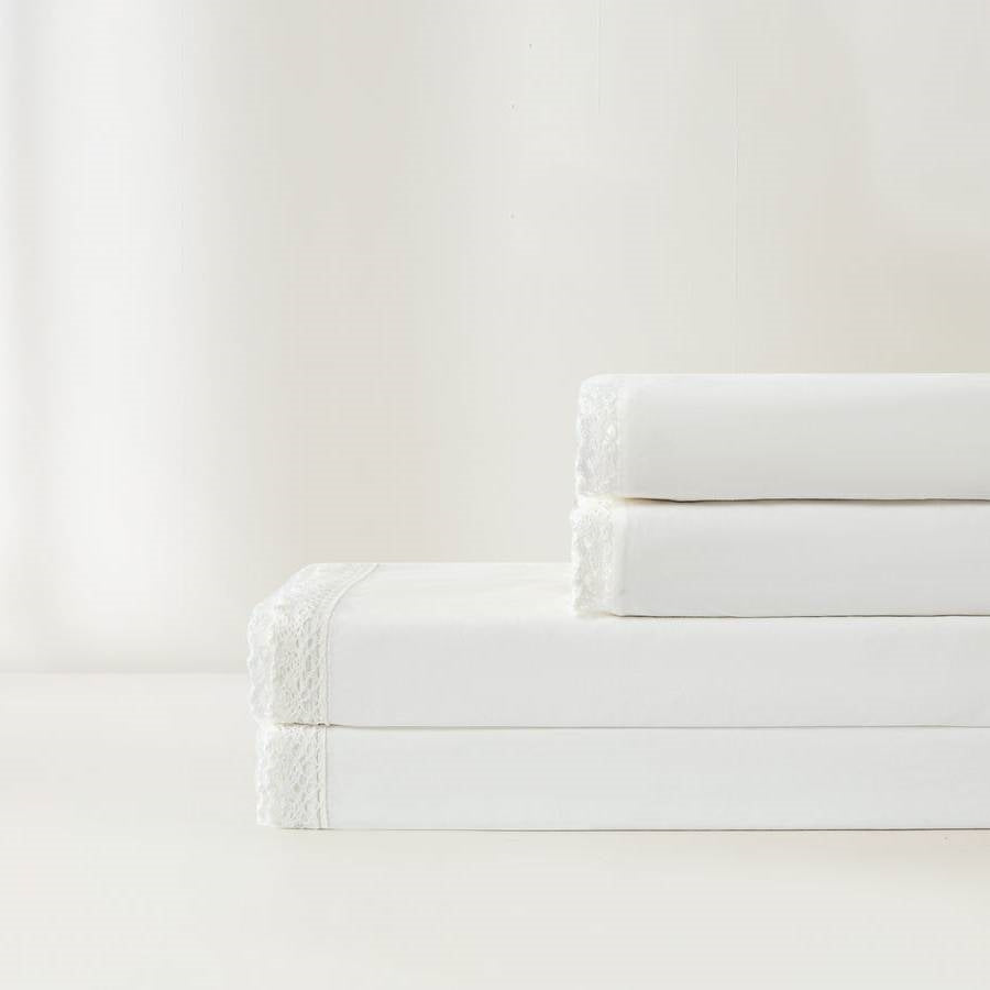 King Size 4 Piece 100-Percent Cotton Sheet Set in White with Lace Trim-1