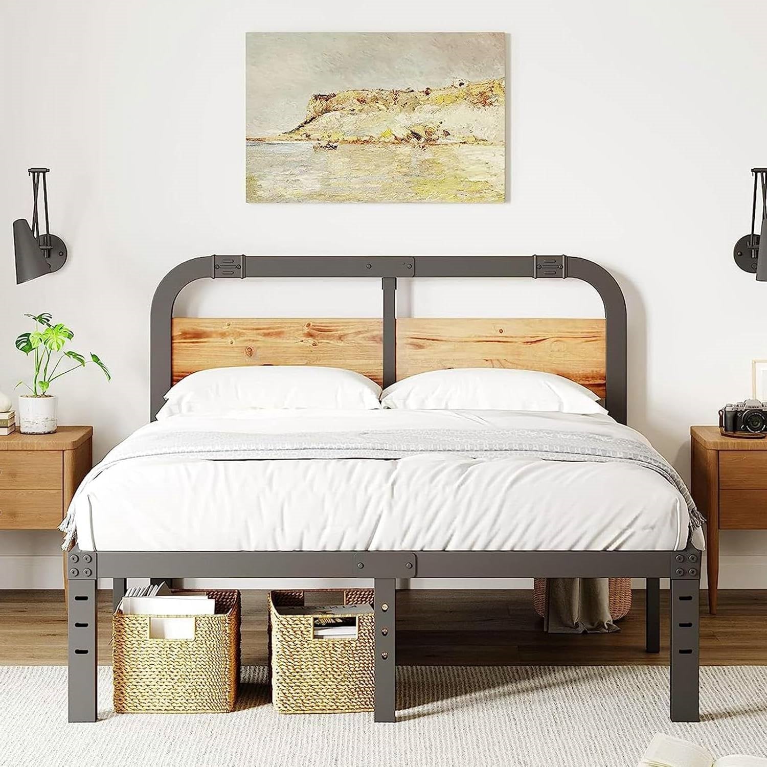 King Heavy Duty Black Metal Bed Frame with Solid Wood Panel Headboard-0