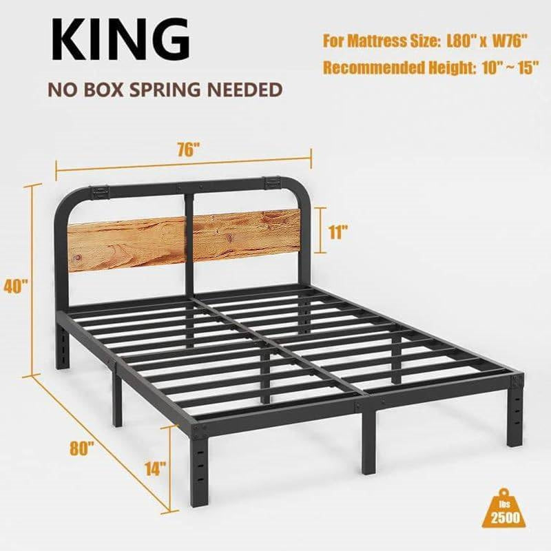 King Heavy Duty Black Metal Bed Frame with Solid Wood Panel Headboard-4