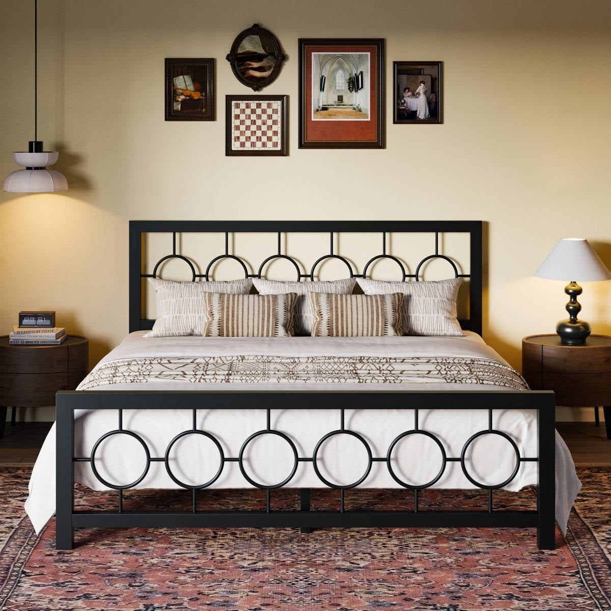 King Black Metal Platform Bed Frame with Circle Medallion Headboard Footboard-1