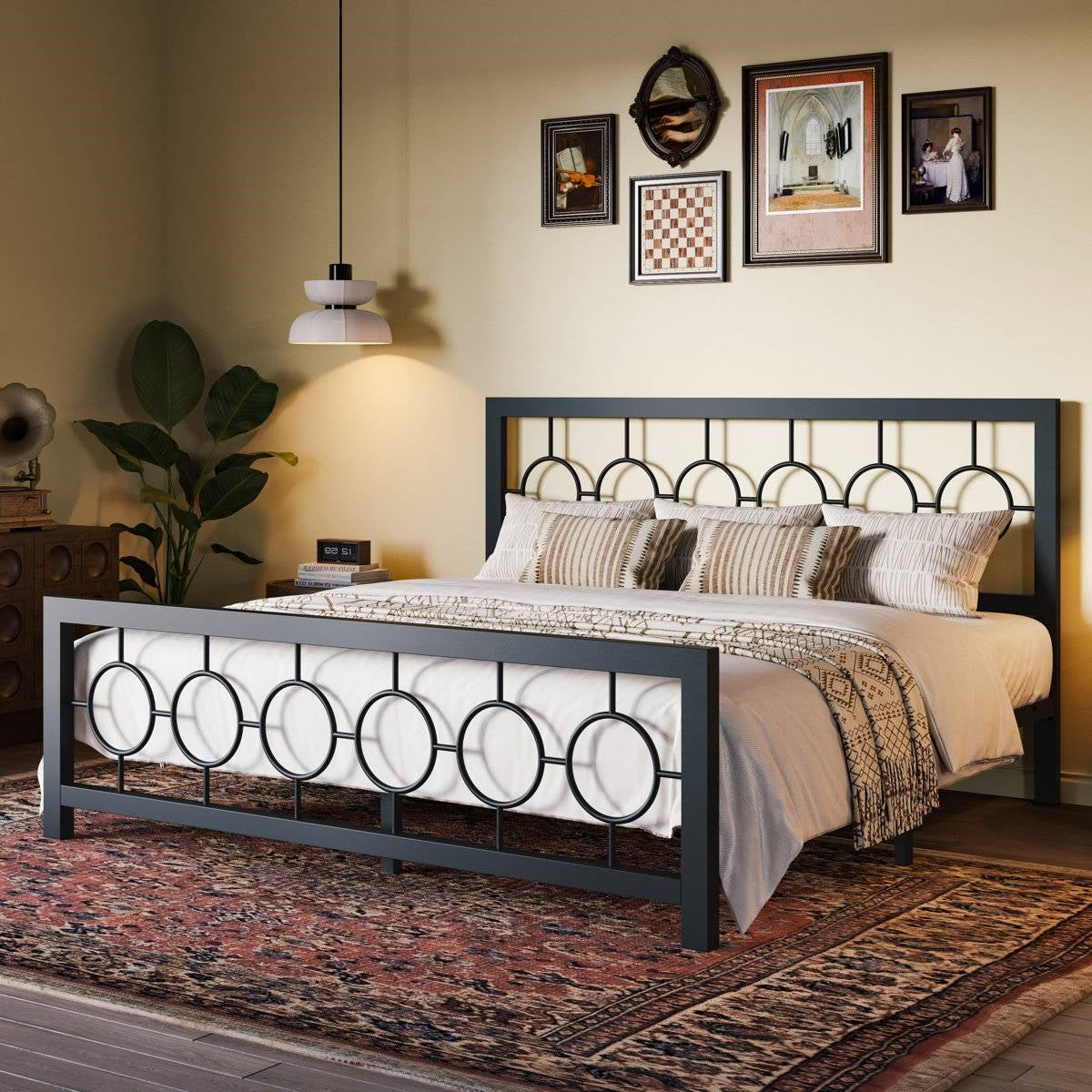 King Black Metal Platform Bed Frame with Circle Medallion Headboard Footboard-2