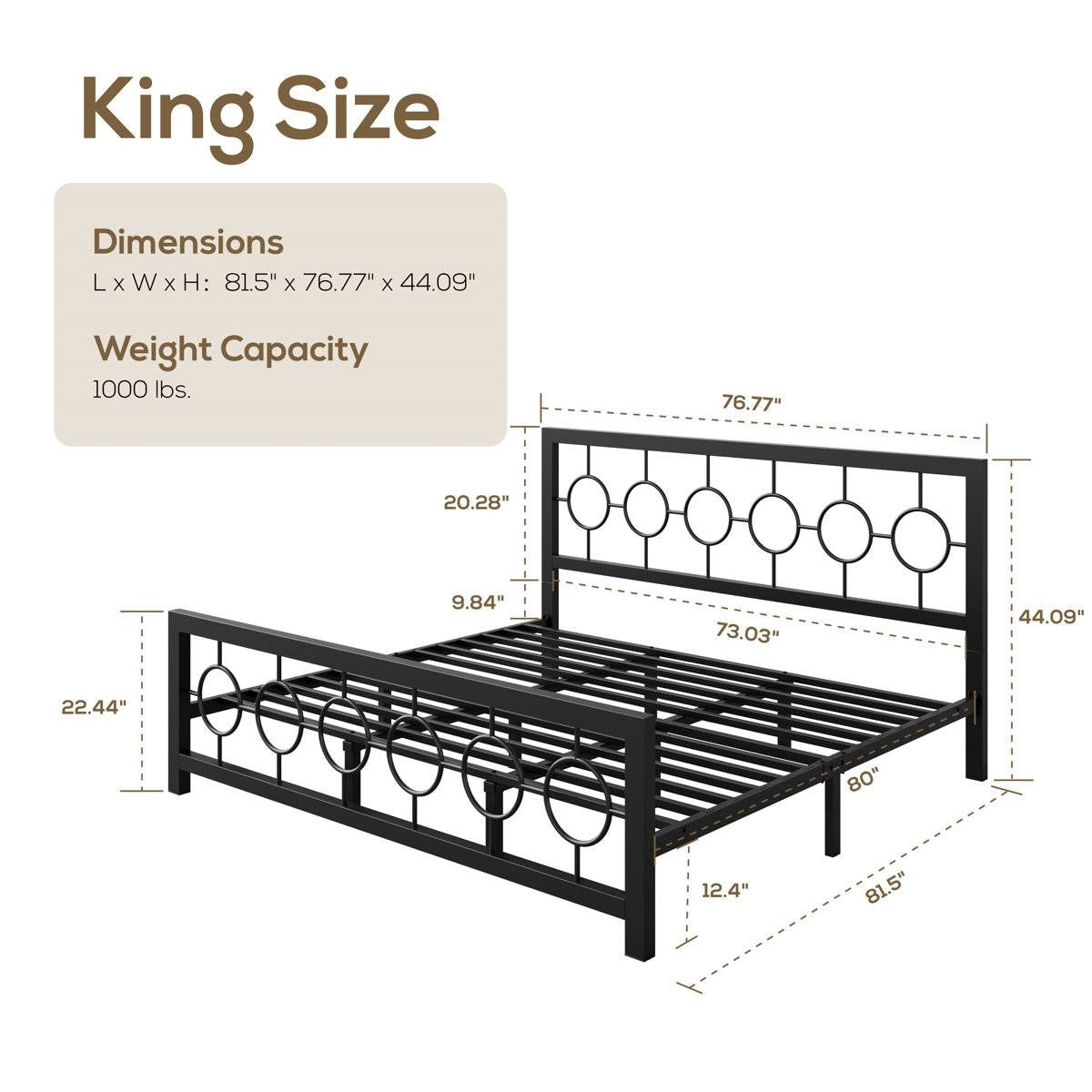 King Black Metal Platform Bed Frame with Circle Medallion Headboard Footboard-4